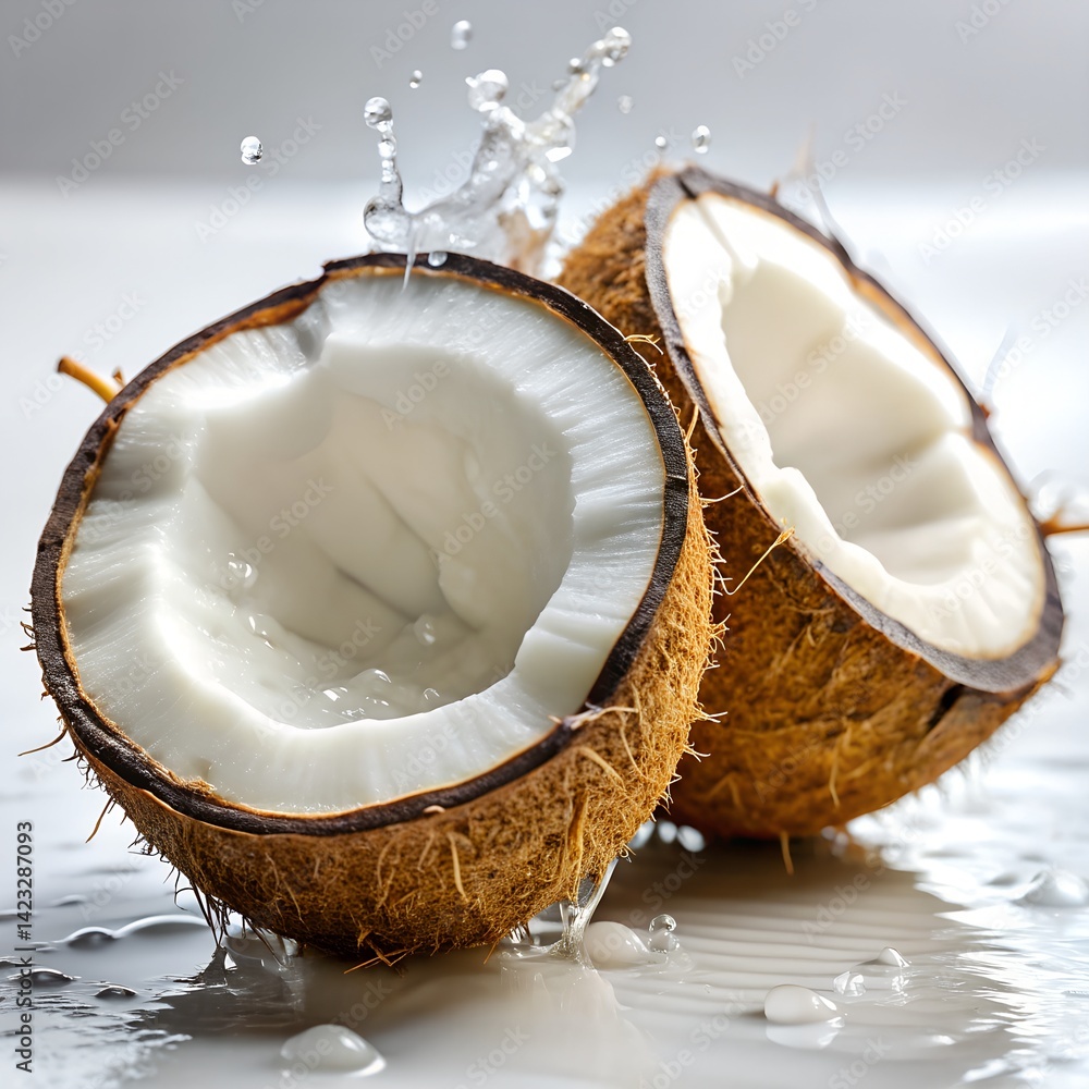 A close up of a fresh coconut cut in half, revealing its watery, translucent flesh A close up of a fresh coconut cut in half, revealing its watery, translucent flesh