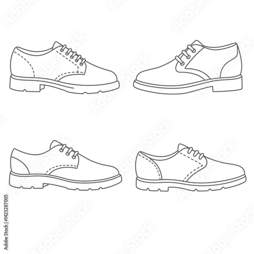 Various shoes in different styles and colors displayed in rows on a blue background. Concept of fashion shoes. Vector illustration