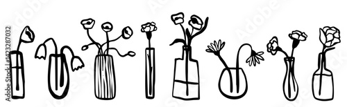 Flower retro ink vector sketch arrangement vase hand drawn in simple doodle style. Grunge botanical wedding, party decoration silhouette collection.