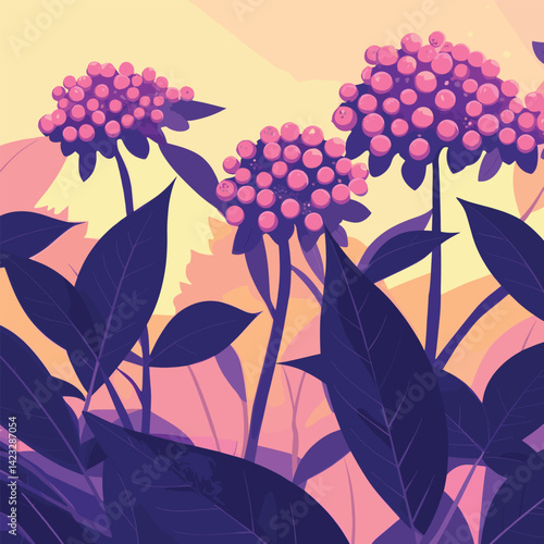 Vibrant dreamlike botanical art with pink blossoms and purple leaves
