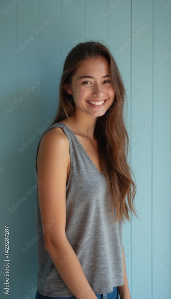 A cheerful young woman with long, flowing hair beams with joy, standing against a serene blue backdrop. Her warm smile radiates positivity and confidence, inviting viewers to share in her happiness A cheerful young woman with long, flowing hair beams with joy, standing against a serene blue backdrop. Her warm smile radiates positivity and confidence, inviting viewers to share in her happiness