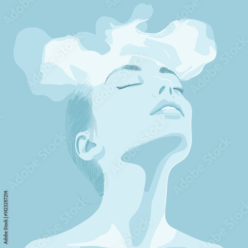 Serene caucasian female in vapor art - young woman with dreamy expression