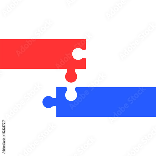 Two colored long puzzle pieces joined together. Puzzle pieces connecting together on a white background. Vector illustration.
