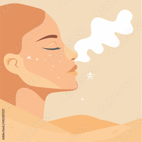 Surreal female portrait: dreamy profile with ethereal elements