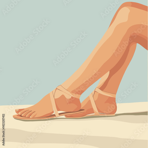 Female legs in strappy sandals on beach illustration