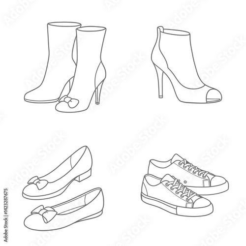 Various shoes in different styles and colors displayed in rows on a blue background. Concept of fashion shoes. Vector illustration