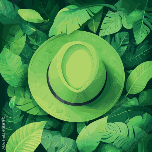 Bright green hat amidst vibrant jungle leaves creating lush foliage atmosphere
