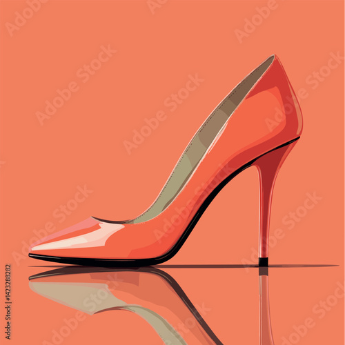 Elegant orange high heel on reflective surface