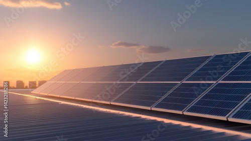 Solar panels on a rooftop at sunset over a city.  Modern, clean energy, sustainable, eco-friendly, alternative energy source, renewable, efficient, energy independence