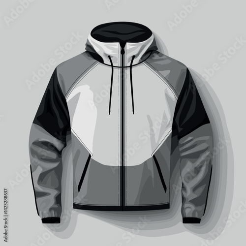 Stylish gray and white unisex windbreaker with hood and zipper front