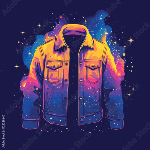 Vibrant cosmic denim jacket with starry galaxy design in neon colors
