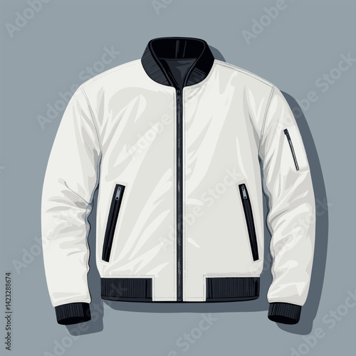 White bomber jacket with black accents on gray background
