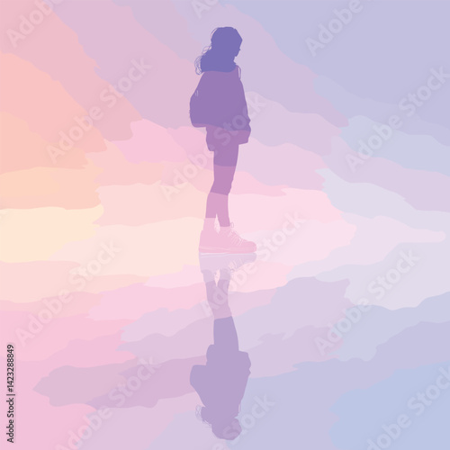 Silhouette of young female standing alone against pastel gradient background