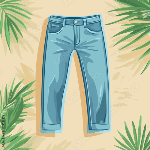 Blue jeans with tropical palm leaves on yellow background illustration