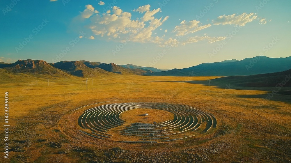 Naklejka premium A wide array of wind turbines stands in an open field, efficiently capturing wind energy. The landscape features rolling hills under a bright blue sky, showcasing renewable energy solutions.