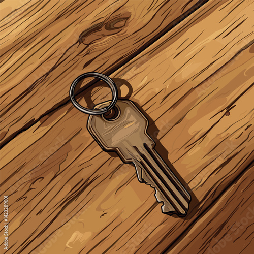 Key on wooden surface: simple symbol of access and security
