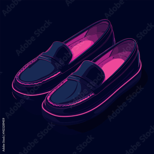 Neon blue loafers with vibrant pink highlights on dark background