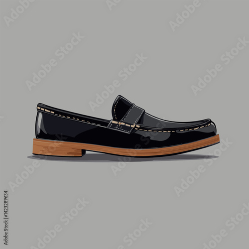 Black loafer shoe with wooden sole on gray background