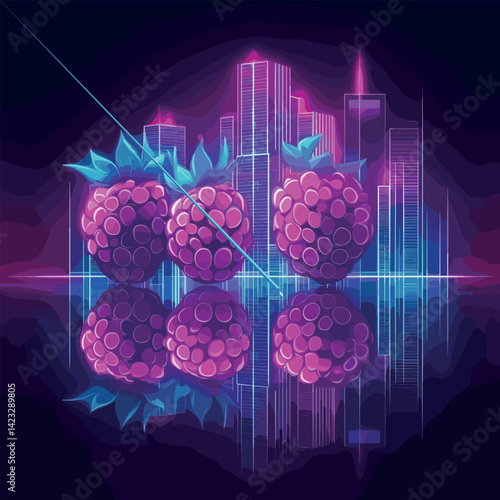 Neon raspberries with futuristic cityscape reflection in vibrant colors