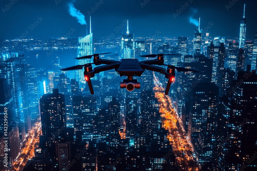 Obraz premium Drone equipped with lighting effects soaring above a vibrant night cityscape with stunning skyline views and glowing buildings