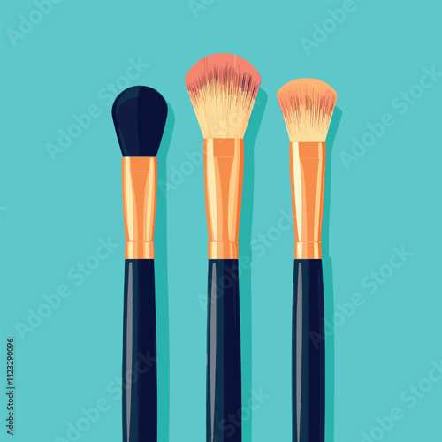 Colorful makeup brushes on turquoise background