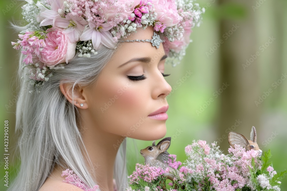 A magical floating flower crown being gifted by woodland creatures to a queenly mother figure A magical floating flower crown being gifted by woodland creatures to a queenly mother figure