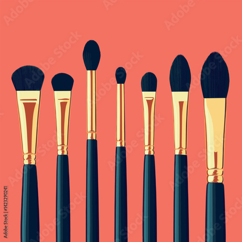 Assorted makeup brushes with black handles on vibrant orange background