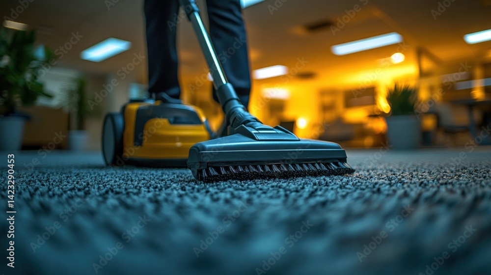 Fototapeta premium Person vacuuming a carpet in a warmly lit office environment with plants in the background