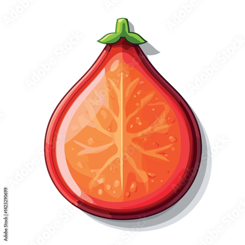 Vibrant cartoon fig slice with water droplets and leaf stem