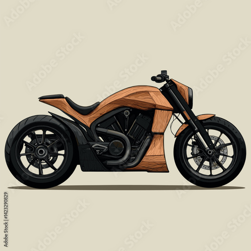 Stylized wooden motorcycle design with black wheels and modern features