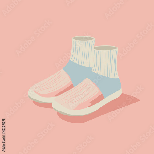Minimalist illustration of transparent sneakers with white socks on pink background