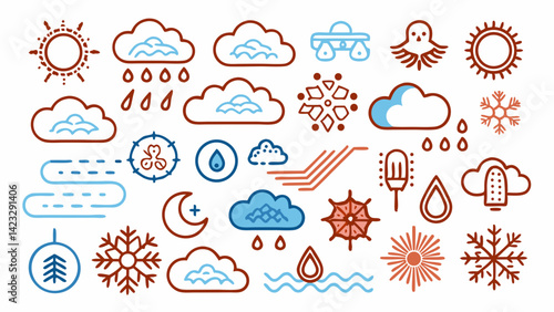collection of colorful weather forecast icons. Universal design, with elements symbolizing different weather conditions: sun, clouds, rain, snow, thunderstorm and wind. weather forecast illustration