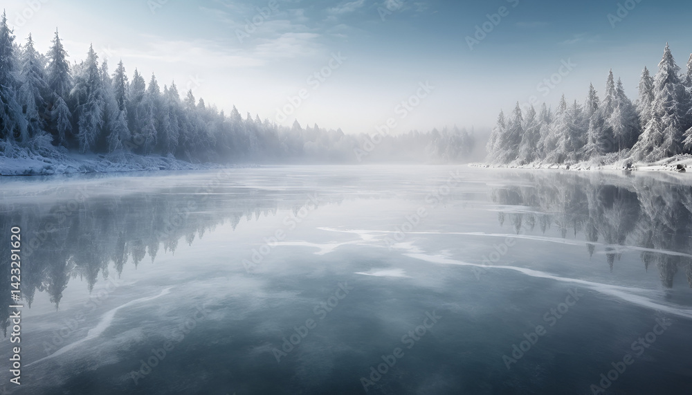 Frozen winter lake in a serene forest. A tranquil scene of a snow-covered lake reflecting the frosted trees. The icy surface mirrors the winter wonderland Frozen winter lake in a serene forest. A tranquil scene of a snow-covered lake reflecting the frosted trees. The icy surface mirrors the winter wonderland