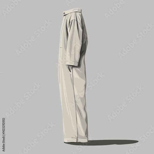 Minimalist white jumpsuit displayed against gray background