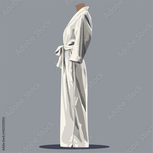 Elegant white bathrobe on mannequin against neutral gray background