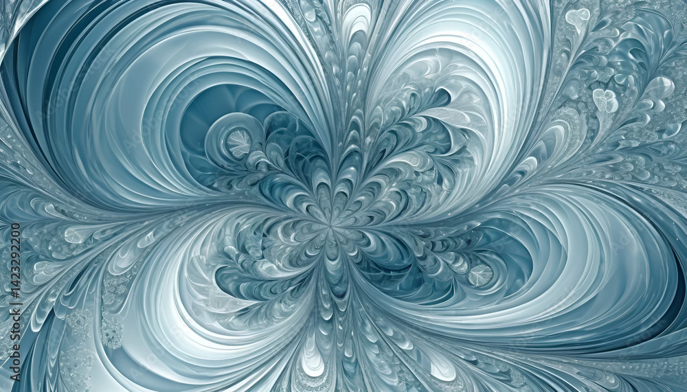 Intricate, symmetrical, swirling, floral design in cool tones Intricate, symmetrical, swirling, floral design in cool tones