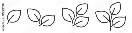 Sprout leaves small icon line stroke outline art simple logo graphic illustration set, thin linear spring plant silhouette as organic eco herb vegan food sticker sign symbol image clipart