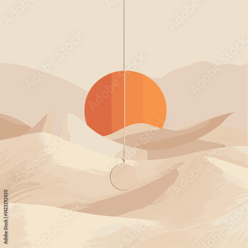 Abstract desert landscape with minimalist orange sun and sand dunes