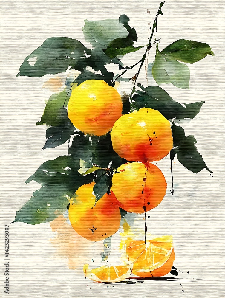 Watercolor Oranges on Branch