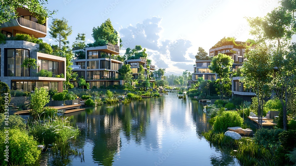 Obraz premium Eco-Friendly Architecture Envisioned Along a Serene Waterway: Sustainable Living