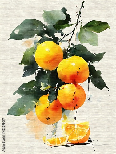 Obraz na płótnie Watercolor Oranges on Branch w salonie