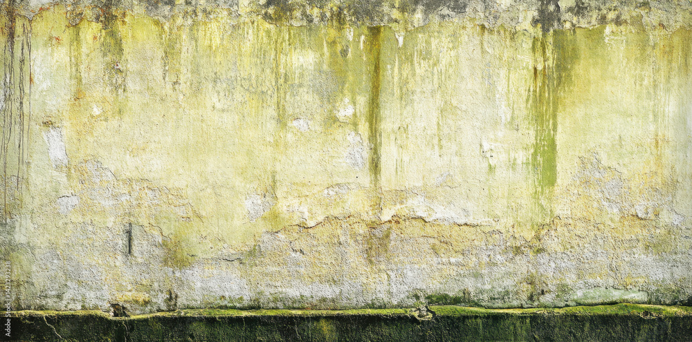 Fototapeta premium textured wall with rough, weathered surface featuring shades of yellow and green, showcasing signs of aging and decay, creating abstract and grunge aesthetic