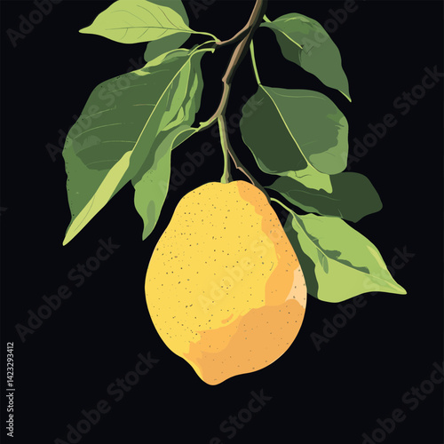 Vibrant lemon hanging from branch with lush green leaves on black background