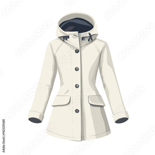 Stylish white hooded raincoat with buttons and pockets