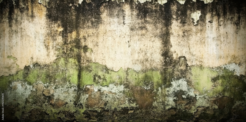 Obraz premium textured wall with peeling paint and mossy patches, showcasing blend of neutral tones and grunge aesthetics, evoking sense of decay and history