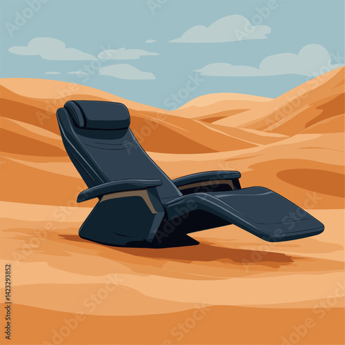 Futuristic black recliner chair in desert landscape
