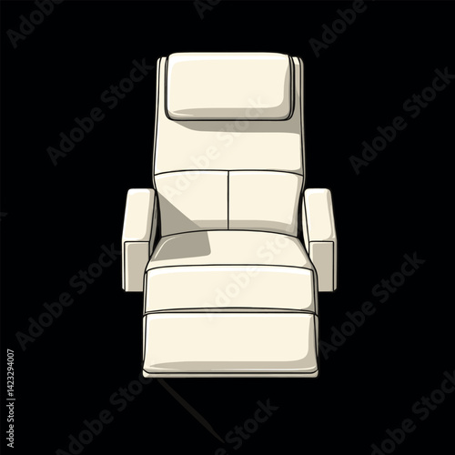 Modern white recliner chair on black background with reclined footrest