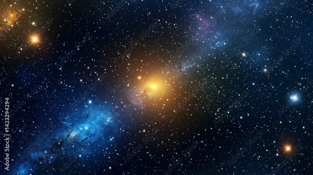 Obraz premium A Captivating Wide-Angle View of a Celestial Space Scene Featuring a Radiant Yellow-Orange Star at the Center, Surrounded by Vibrant Blue Nebulae and a Dazzling Expanse of Twinkling