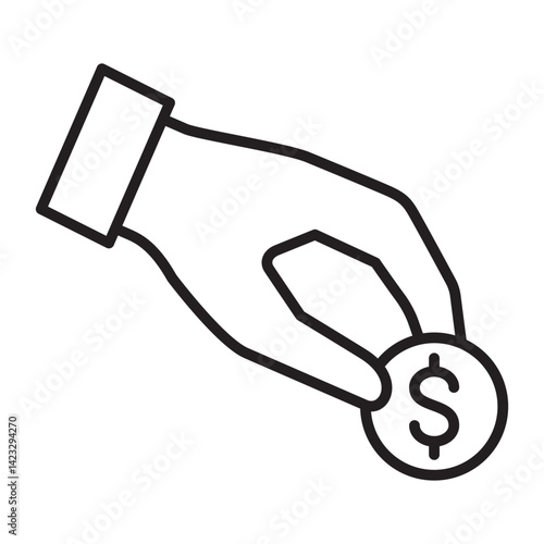 Hand giving money coin icon. Donation and charity icon. Symbol of fundraising, compassion, philanthropy, giving, care, humanity. Vector illustration.