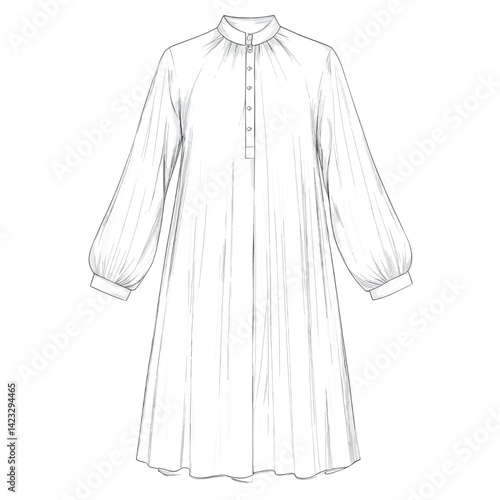 Elegant long-sleeve midi dress sketch with buttoned collar and cuffed sleeves